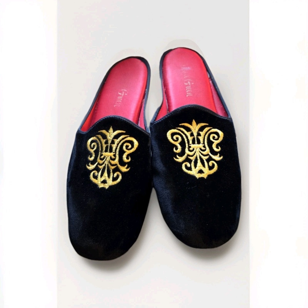 Vintage Daniel Green Men's 8.5 Black Velvet Red Satin Slippers USA 2A90‎